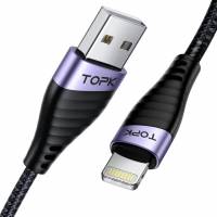 Кабель USB 2.0 Am - Lightning 1.0m (2.4A, быстрая зарядка, нейлоновая оплетка, black-purple) TOPK