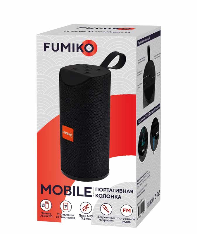 Колонка FUMIKO MOBILE (10W, портативная, аккумулятор 1200mAh, Bluetooth 5.0, микрофон, AUX, USB, MicroSD, FM, MP3, black)