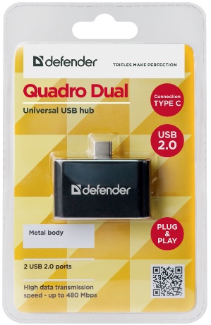 USB 2.0 HUB Defender Quadro Dual (OTG Type-C, 2 порта, black)
