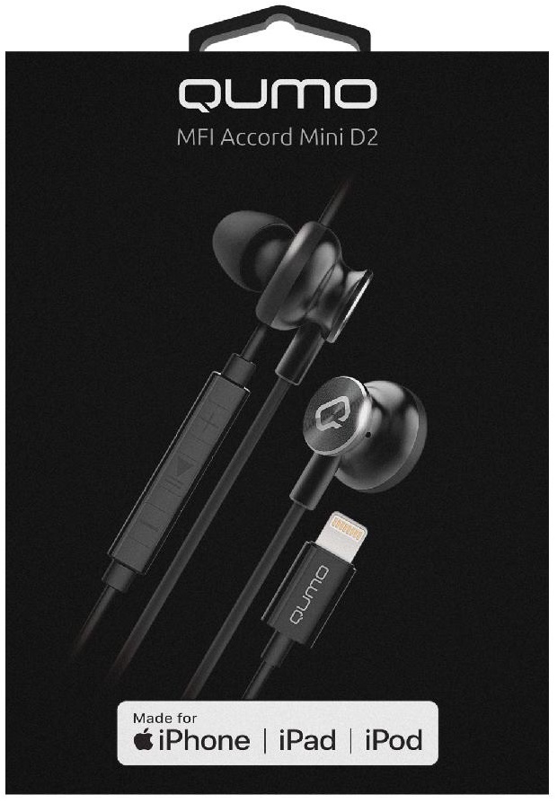 Гарнитура QUMO ACCORD Mini (D2) (затычки, для Apple Lightning 8pin, с микрофоном, 1.2m, black-silver)