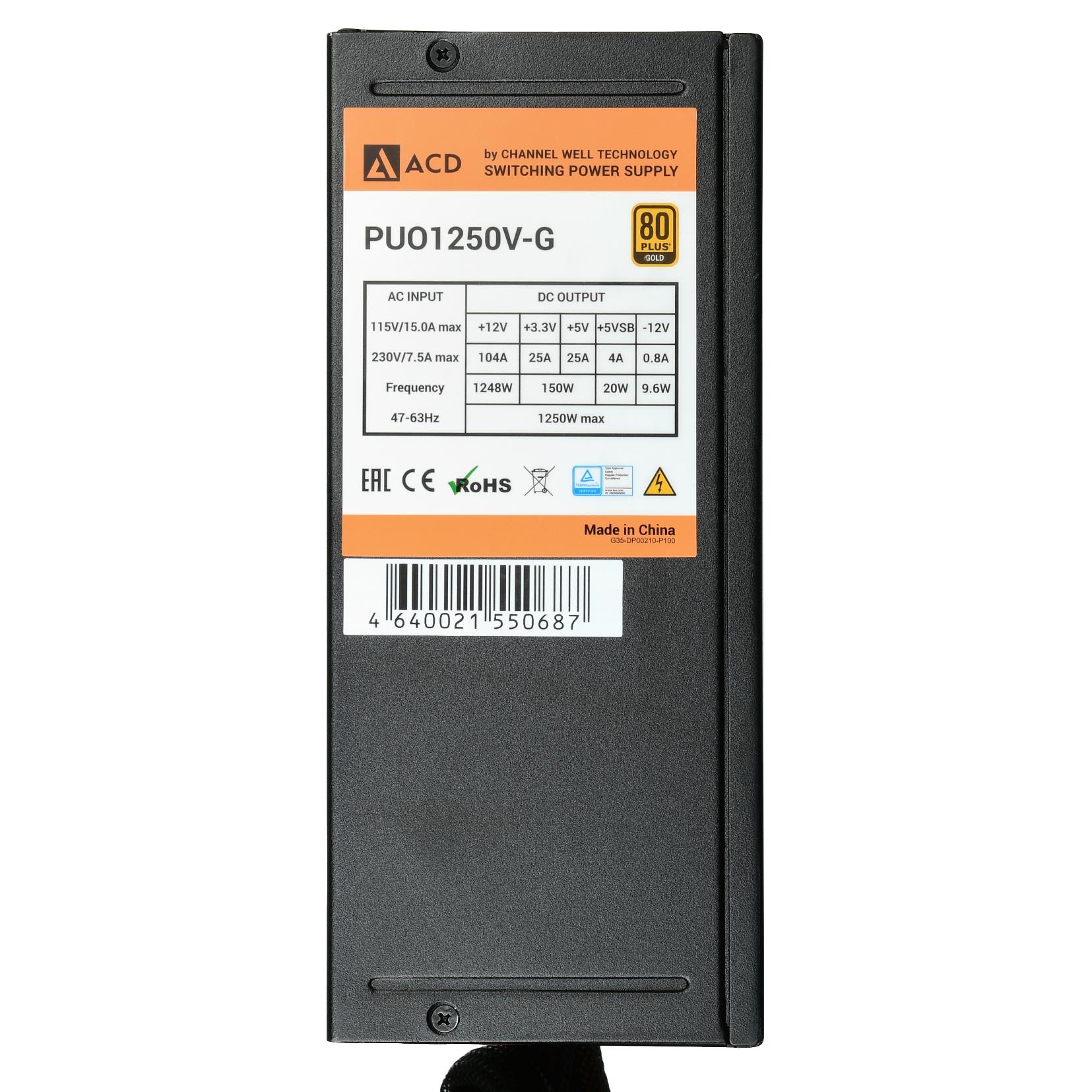 Блок питания ACD 1250W (PUO1250V-G, 80+ Gold, 140mm, 20+8+4+4+4, 8xPCI-E 6+2pin, 12*SATA, 4*HDD, 1*FDD, Modular) RTL