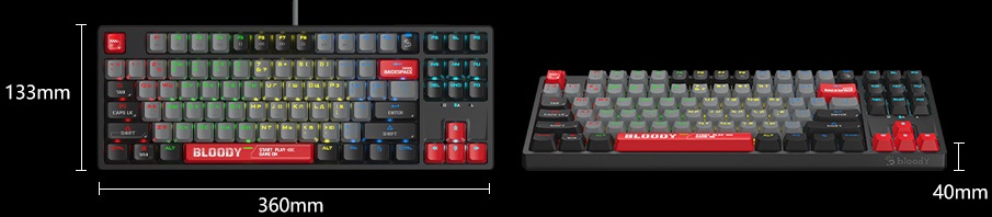 Клавиатура A4Tech Bloody S87 (USB, механическая, RED Switch, поддержка ПО Bloody KeyDominator (для создания макросов, профилей, полной настройки RGB подсветки), игровая, мультимедийная, Anti-Ghosting, 1.8m, energy red)