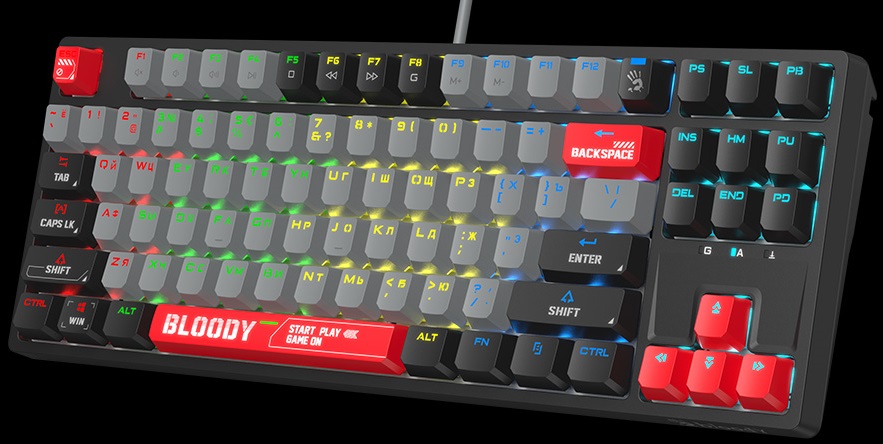 Клавиатура A4Tech Bloody S87 (USB, механическая, RED Switch, поддержка ПО Bloody KeyDominator (для создания макросов, профилей, полной настройки RGB подсветки), игровая, мультимедийная, Anti-Ghosting, 1.8m, energy red)