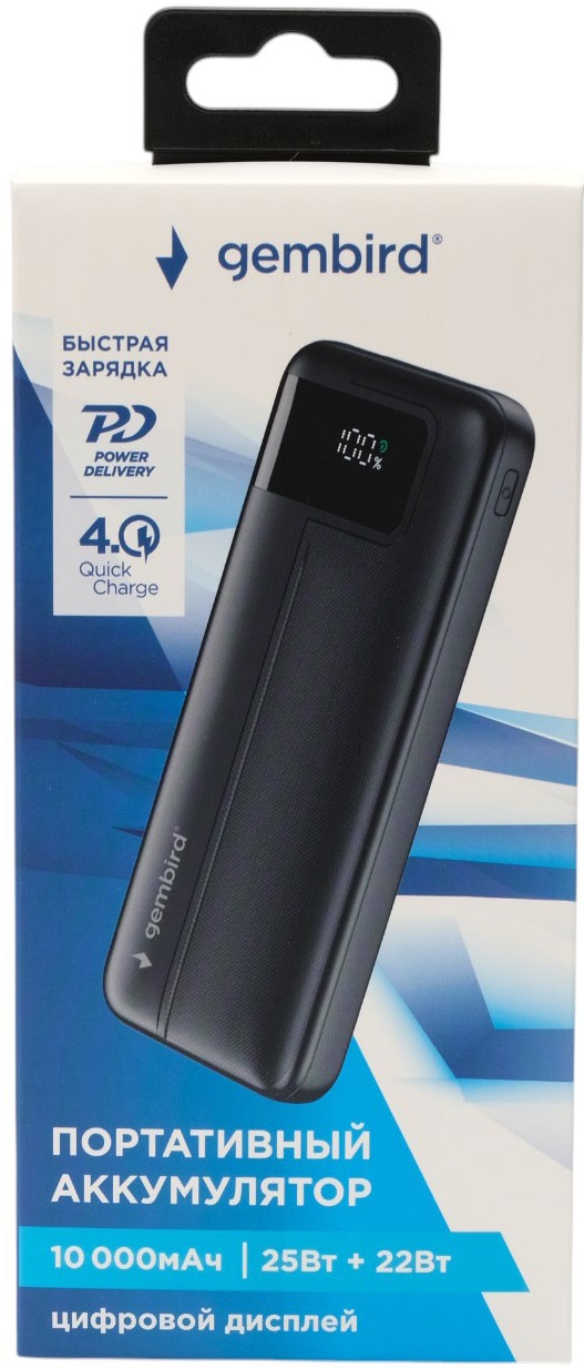 Внешний аккумулятор Gembird GPB-10Q (литий-полимерный, 10000mAh, выход 3A, вход 2.5А, QC4.0, PD, black)