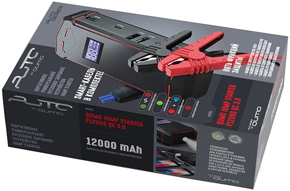Портативное универсальное пусковое зарядное устройство QUMO P12000 (Charger 012) (пусково ток 300A, 12000mAh, на клеммы, вход USB Type-C 2A, выход 2xUSB 5/9/12V 2A, QC3.0, фонарик, black)
