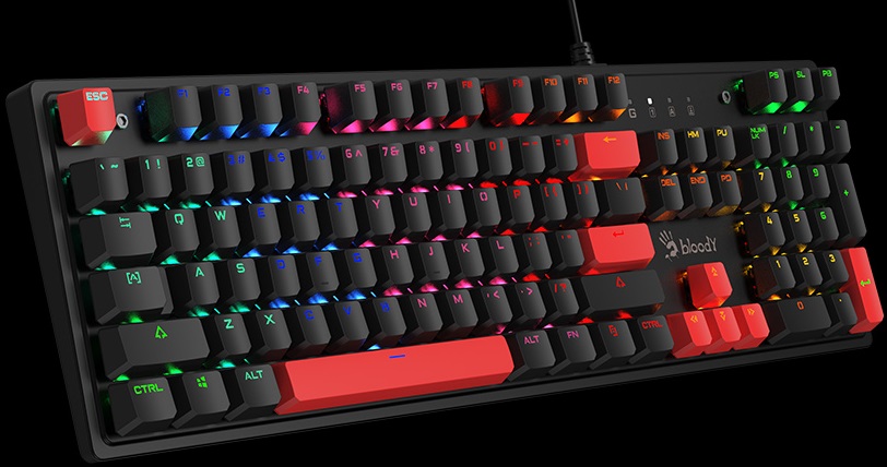 Клавиатура A4Tech Bloody S510R (USB, механическая, RED Switch, поддержка ПО Bloody KeyDominator (для создания макросов, профилей, полной настройки RGB подсветки), игровая, мультимедийная, 1.8m, fire black)