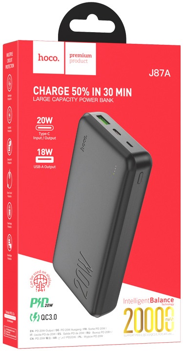 Внешний аккумулятор hoco J87A Tacker (литий-полимерный, 20000mAh, вход 3A micro USB + Tupe-C, выход 3A max, QC3.0, PD, 20W, black)