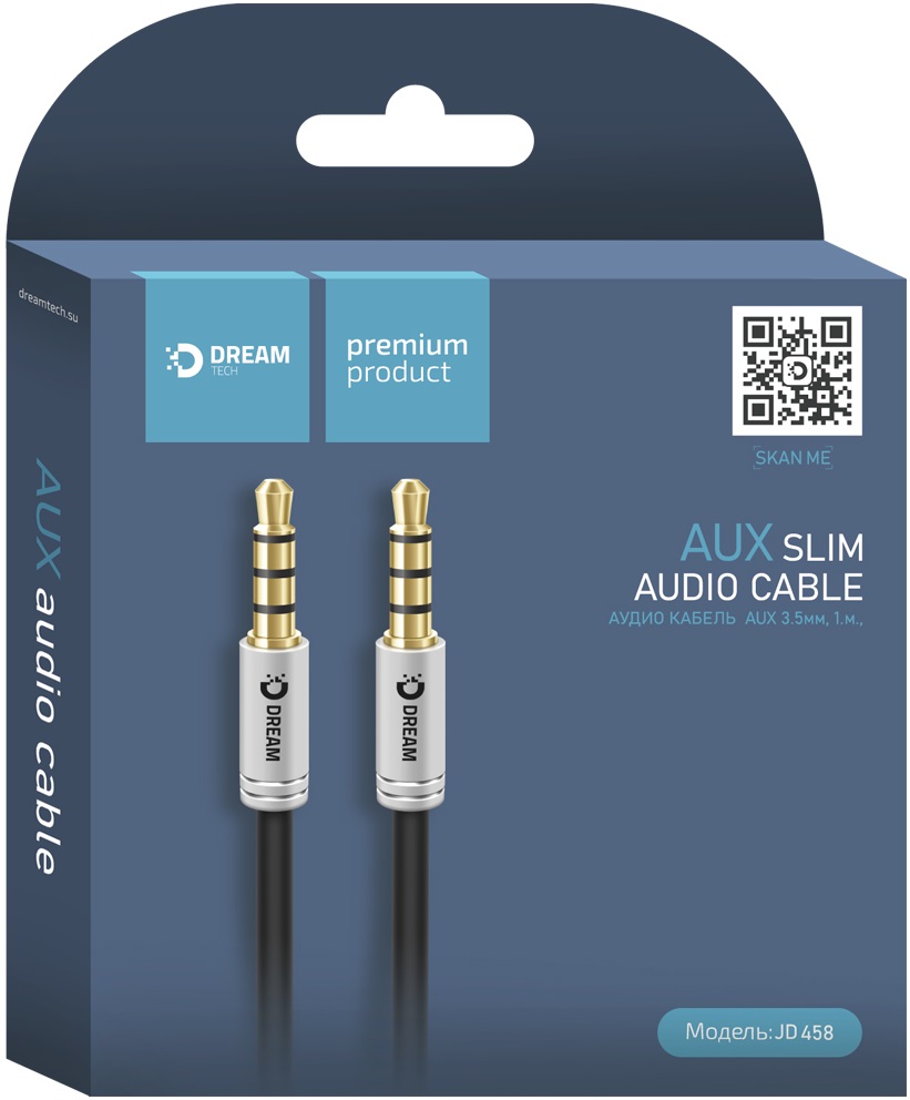 Кабель аудио 3.5mm Jack (m) - 3.5mm Jack (m) 1.0m (JD-458, 4pin, black-silver) Dream
