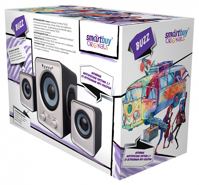 Колонки SmartBuy BUZZ SBA-2600 (5W, ПДУ, FM, USB, microSD, черно-серые)