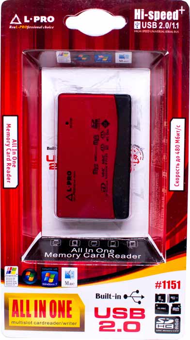 Карт-ридер L-PRO #1151 (microSD, SDHC, M2, MMC, MS, CF, XD, MS Duo, RS-MMC, red, USB2.0)