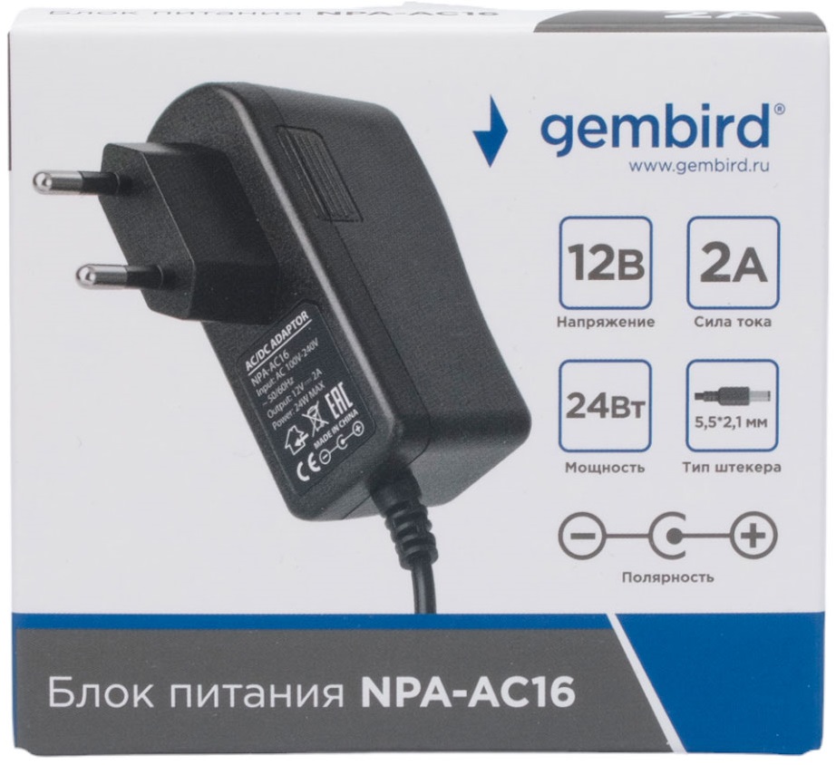 Блок питания Gembird NPA-AC16 (вход 100-240V, выход 12V - 2A, 24W, штекер 5.5х2.1mm, кабель 1m, black)