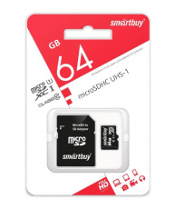 Карта памяти SDXCmicro Card 64Gb Smartbuy (SB64GBSDCL10-01, Class 10, UHS-I U3, 60/30Mb/s, адаптер SD)