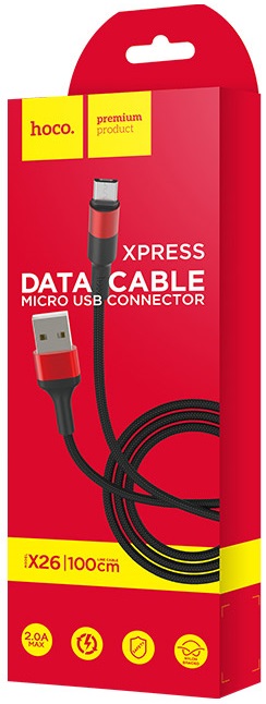 Кабель USB 2.0 Am - micro USB 1.0m (X26 Xpress, 2.4A, быстрая зарядка, нейлоновая оплётка, black-red) hoco
