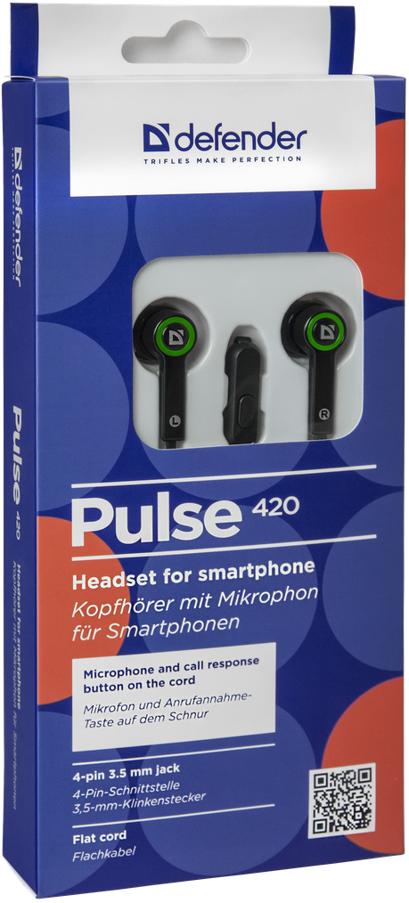 Наушники Defender Pulse 420 (затычки, с микрофоном, 1.1m, green)