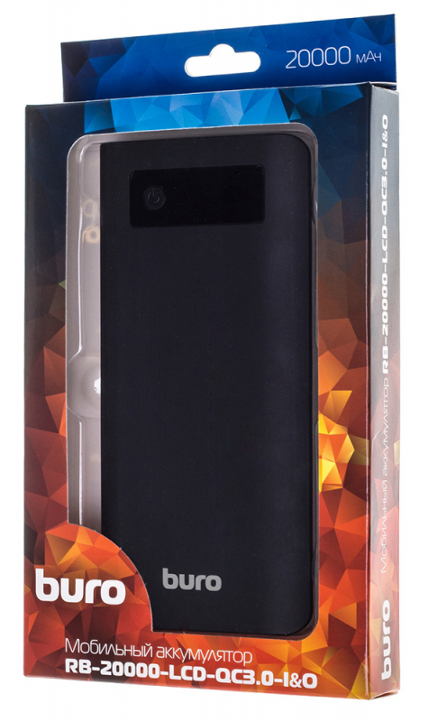 Внешний аккумулятор Buro RB-20000-LCD-QC3.0-I&0 (литий-ионный, 20000mAh, 3*USB - 1.5-3A max, вход 1.5-3А, black-grey)