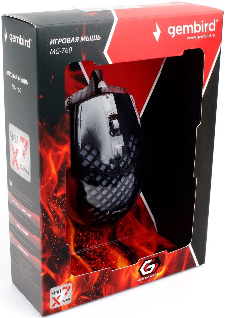 Мышь Gembird MG-760 (USB, optical, 3200dpi, RGB подсветка, игровая, 1.8m, black)