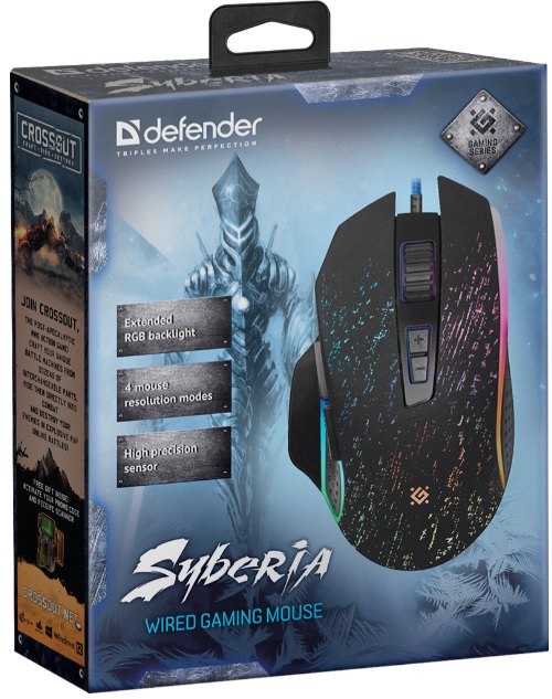Мышь Defender Syberia GM-680L (USB, optical, 3200dpi, игровая, RGB подсветка, промо-код "Crossout", black)