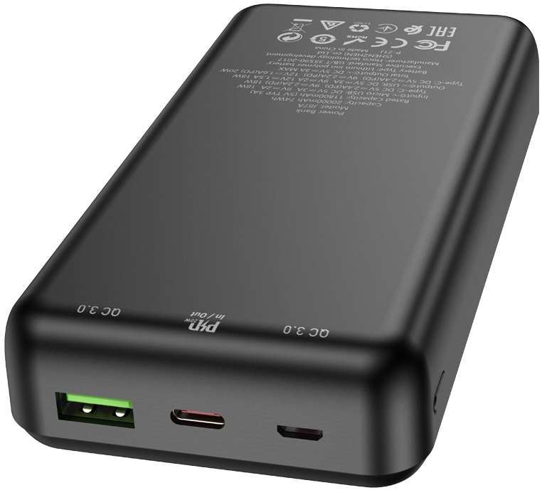Внешний аккумулятор hoco J87A Tacker (литий-полимерный, 20000mAh, вход 3A micro USB + Tupe-C, выход 3A max, QC3.0, PD, 20W, black)