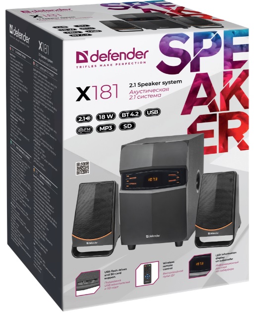 Колонки Defender X181 (18W, Bluetooth 5.0, ПДУ, FM, USB, SD, MP3, black)