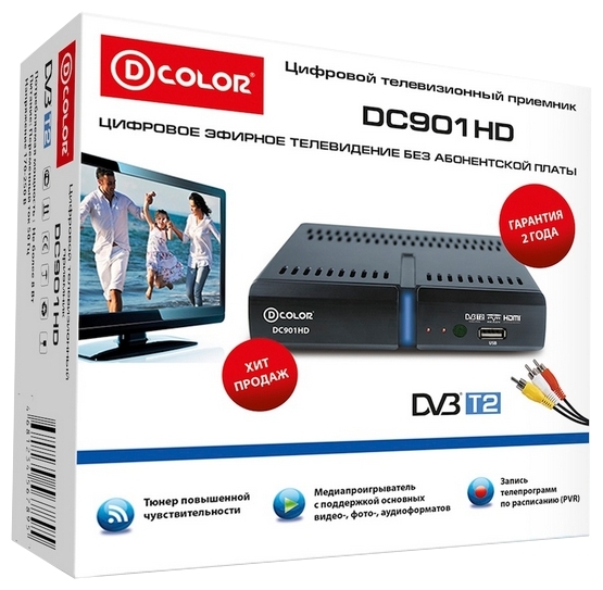 Тюнер для цифрового ТВ внешний / Медиа-проигрыватель D-Color DC901HD (1080p, DVB-T/T2, HDMI, MKV, USB, Time Shift, black)