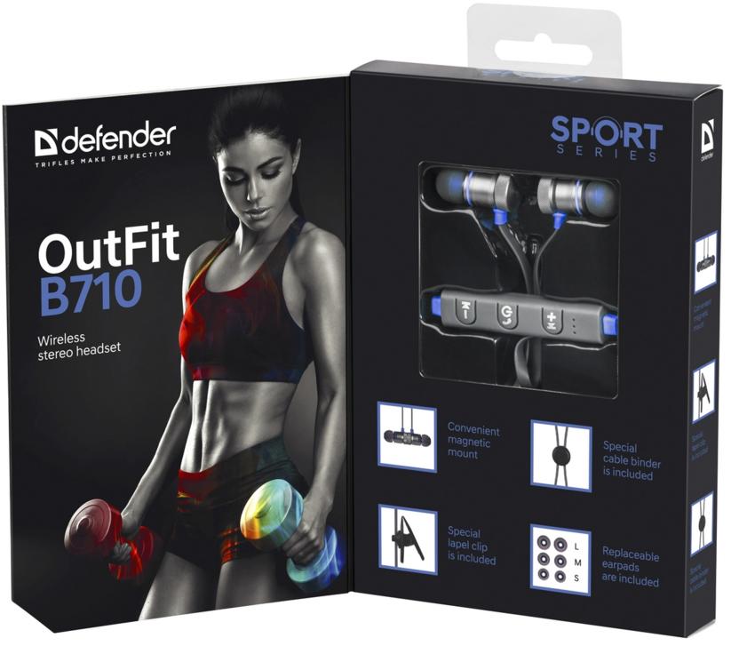Гарнитура Defender OUTFIT B710 (затычки, беспроводные, Bluetooth 4.1, с микрофоном, до 10м., до 5 часов работы от батареи, black-blue)