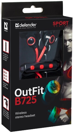 Гарнитура Defender OUTFIT B725 (затычки, беспроводные, Bluetooth 4.1, с микрофоном, до 10м., до 4 часов работы от батареи, black-red)