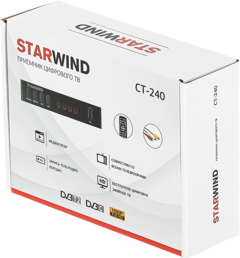 Тюнер для цифрового ТВ внешний / Медиа-проигрыватель Starwind CT-240 (1080p, DVB-T2, DVB-C, HDMI, JPEG, MKV, 2xUSB, Time Shift, black)