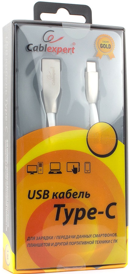 Кабель USB 2.0 Am - Type-C 1.8m (CC-G-USBC01W-1.8M, серия Gold, не спутывается, блистер, white) Cablexpert
