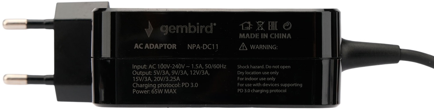 Зарядное устройство для ноутбука и Яндекс станций Gembird NPA-DC11 (вход 100-240V, выход 5-20V (автоопределение), Typy-C, 65W, PD3.0, 1.7m, black)