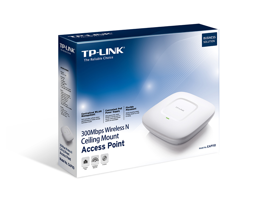 Точка доступа TP-LINK EAP110 (300Mbps, 2.4GHz, 1 port, 100Mbps, 2 внутренние антенны 3dBi, white)