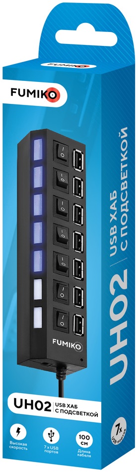 USB 2.0 HUB FUMIKO UH02 (FUH02-01, 7 портов, активный, выключатели, black)