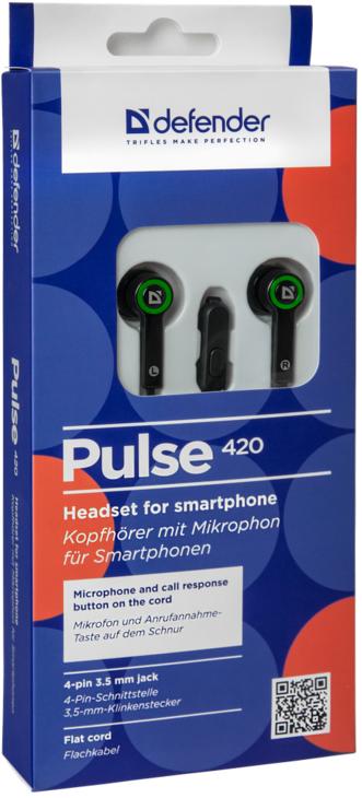 Наушники Defender Pulse 420 (затычки, с микрофоном, 1.1m, black-green)