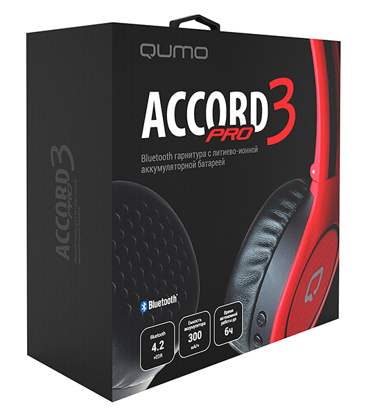 Гарнитура QUMO ACCORD 3 PRO (накладная закрытая, беспроводная, Bluetooth 4.2+EDR, с микрофоном, 300mAh, до 6 часов работы от батареи, складная, black-red)