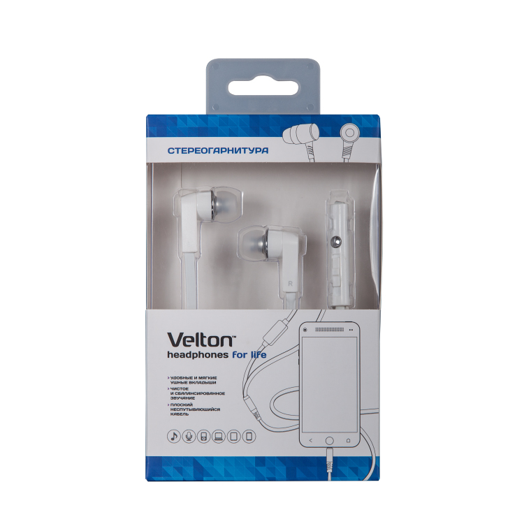Наушники Velton VLT-JM09L (затычки, для мобильных устройств, с микрофоном, 1.2m, white)