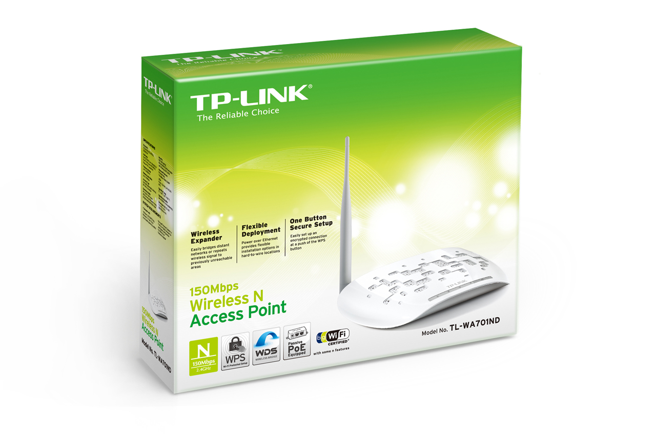 Точка доступа TP-LINK TL-WA701ND (150Mbps, 2.4GHz, 1 port, 100Mbps, внешняя съёмная антенна 5dBi, white)