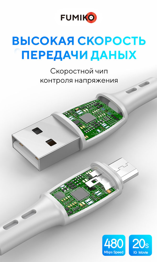 Кабель USB 2.0 Am - micro USB 1.0m (FCA02-01, 3A, быстрая зарядка, white) FUMIKO