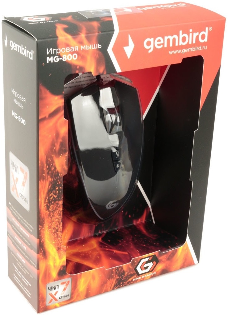 Мышь Gembird MG-800 (USB, optical, 3200dpi, RGB подсветка, игровая, 1.8m, black)