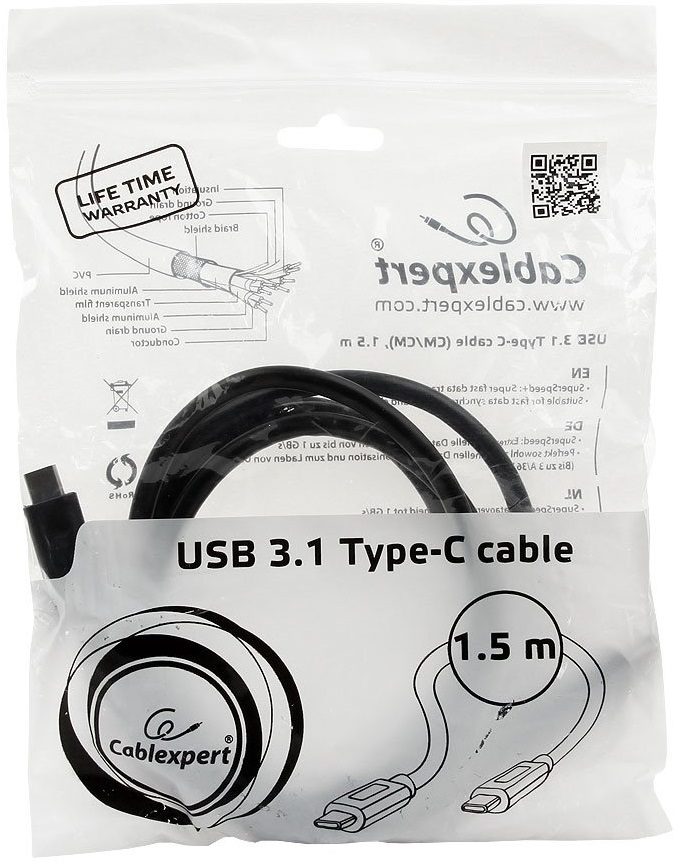 Кабель USB 3.1 Type-C - Type-C 1.5m (CCP-USB3.1-CMCM-5, медь, 3А, 36W, быстрая зарядка, QC3.0, PD, двойное экранирование, black) Cablexpert