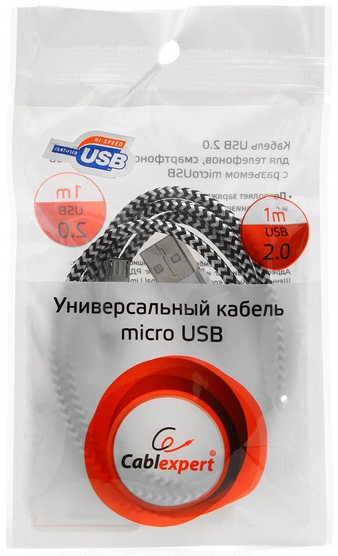Кабель USB 2.0 Am - micro USB 1.0m (CC-mUSB2sr 1m, медь, нейлоновая оплетка, silver) Cablexpert