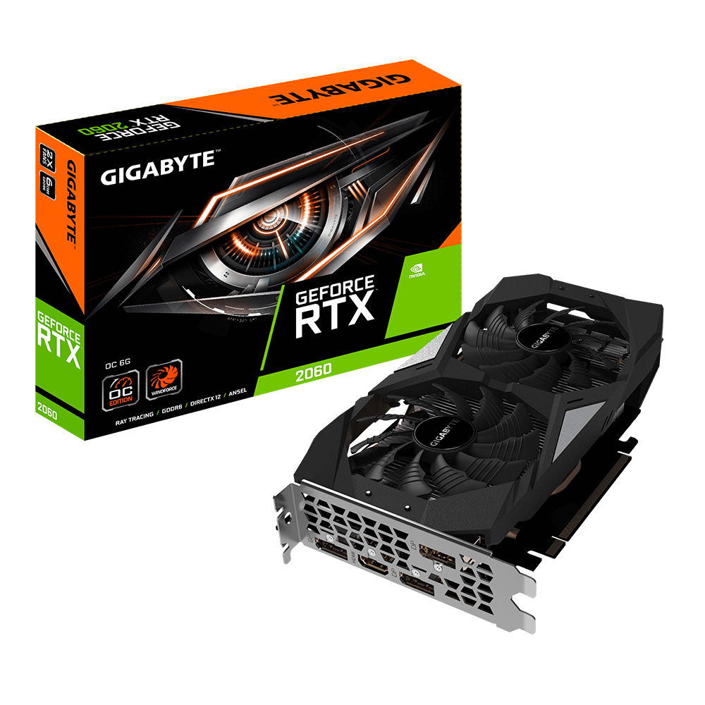 Видеокарта Gigabyte GF RTX2060 6Gb (GV-N2060OC-6GD, 192bit, GDDR6, HDMI+3xDP) RTL