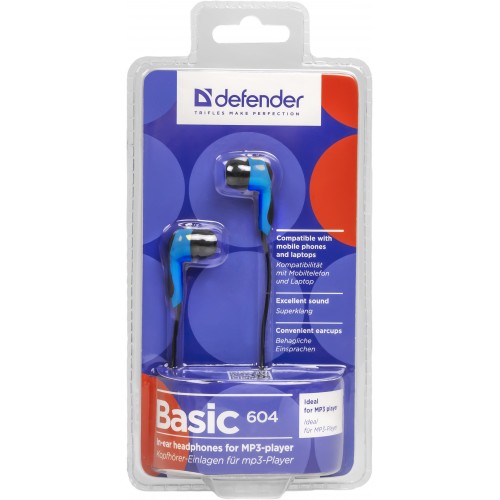 Наушники Defender Basic-604 (затычки, без микрофона, 1.1m, black-blue)