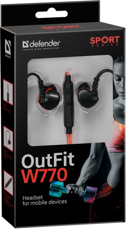 Гарнитура Defender OUTFIT W770 (затычки, для мобильных устройств, с микрофоном, 1.5m, black-orange)
