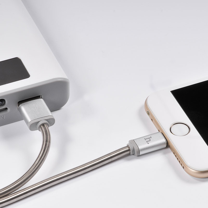 Кабель USB 2.0 Am - Lightning 1.2m (U5 Full-Metal, 2.4A, пружинная оплётка, silver) hoco