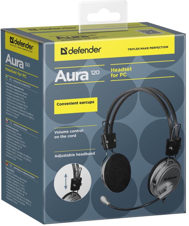 Наушники Defender Aura 120 (накладные открытые, с микрофоном, 3m, black-silver)