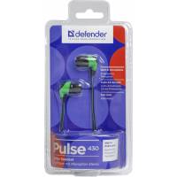 Наушники Defender Pulse 430 (затычки, с микрофоном, 1.1м, black-green)