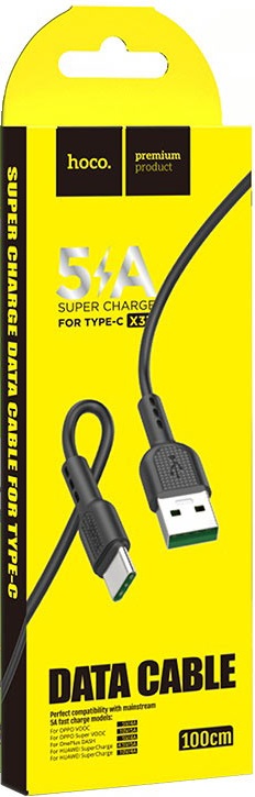 Кабель USB 2.0 Am - Type-C 1.0m (X33 Surge, 5A, супер быстрая зарядка, black) hoco