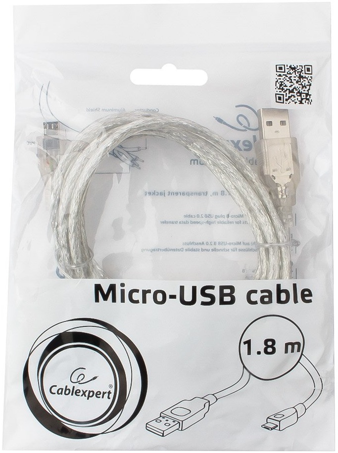 Кабель USB 2.0 Am - micro USB 1.8m (CCP-mUSB2-AMBM-6-TR, ферритовый фильтр, экранированный, transparent) Cablexpert