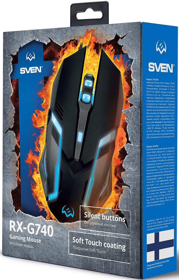 Мышь Sven RX-G740 (USB, optical, 2400dpi, бесшумный клик, игровая, динамическая подсветка, soft-touch, 1.8m, black)