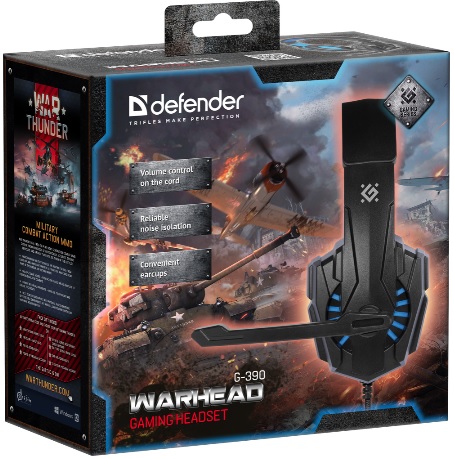 Наушники Defender Warhead G-390 (полноразмерные закрытые, с микрофоном, регулятор, 1.8m, игровые, промо-код "War Thunder", black-blue)
