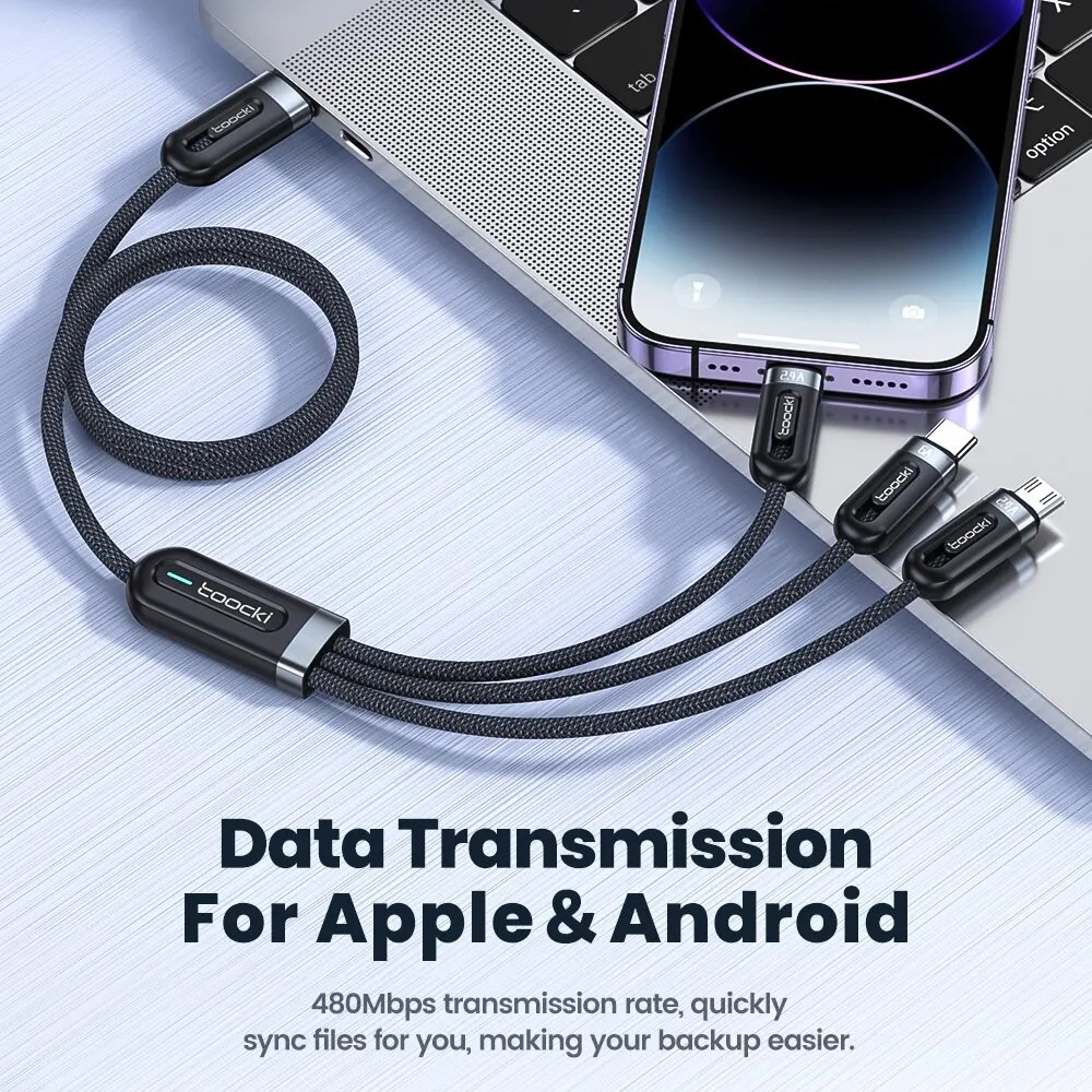 Кабель USB 2.0 Am - Lightning + micro USB + Type-C 1.2m (3A, быстрая зарядка, нейлоновая оплётка, black-grey) Toocki